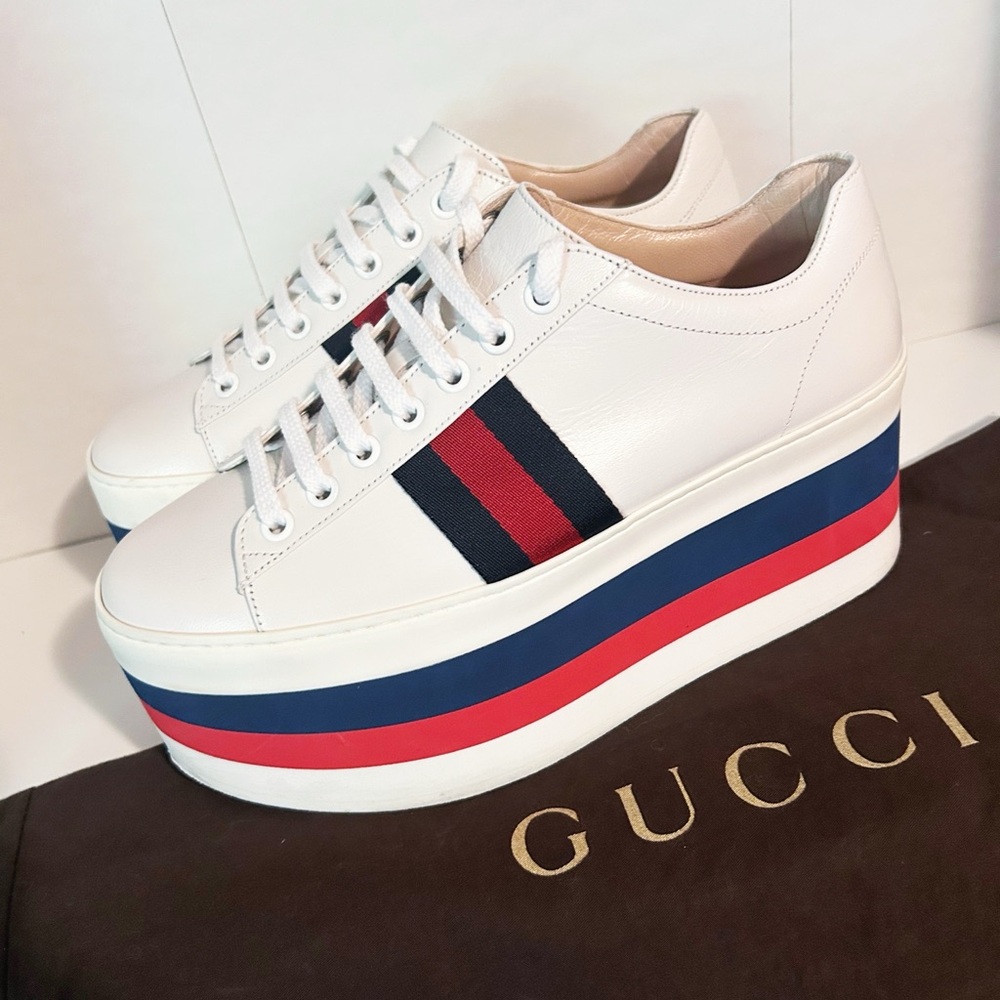 Authentic Gucci Web Striped Peggy Platform Sneakers 37.5 - Picture 12 of 13